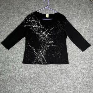 Jess And Jane Galaxy Top Women Large Black Glitter 3/4 Sleeve Art To Wear‎